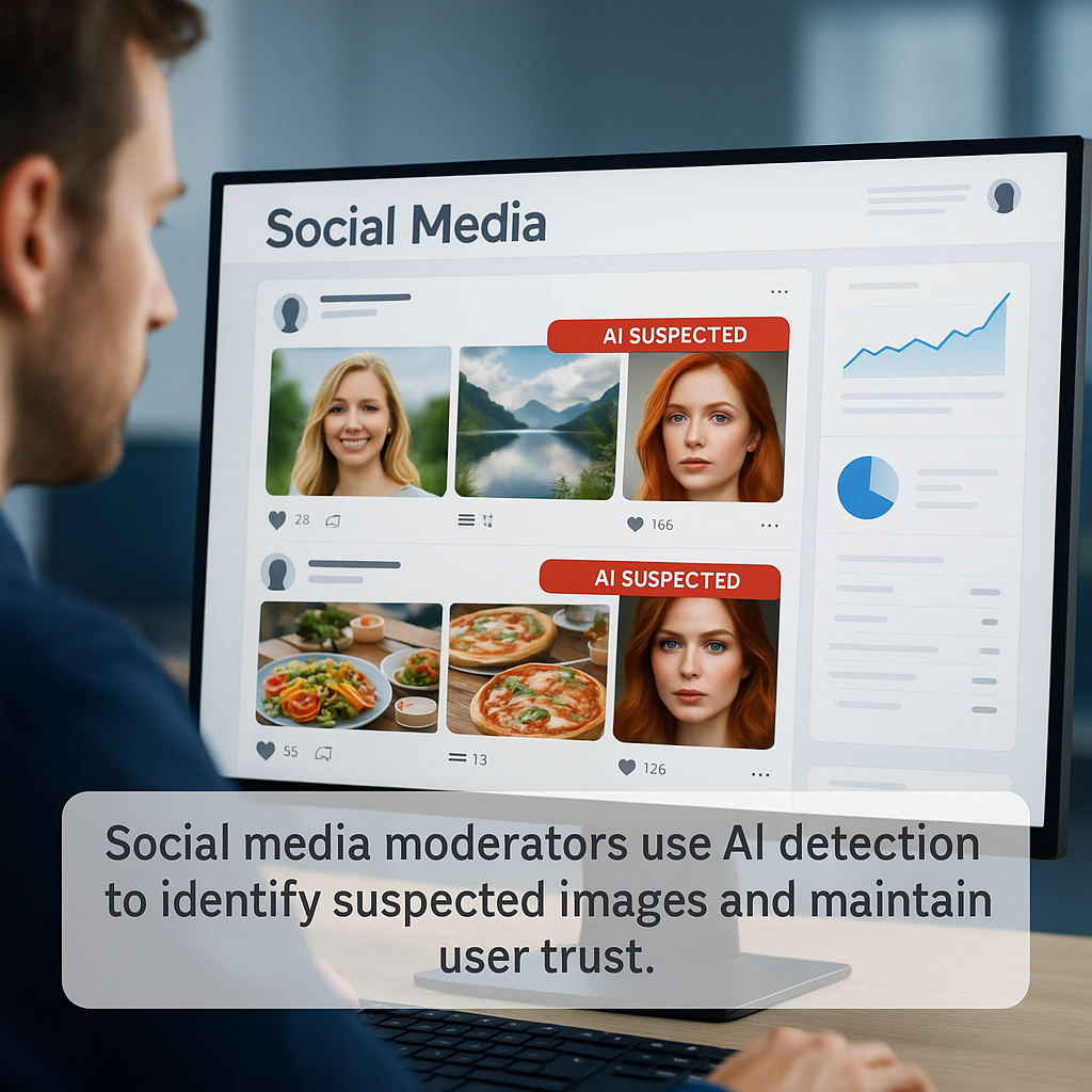 Social media moderator reviewing posts flagged as AI-generated
