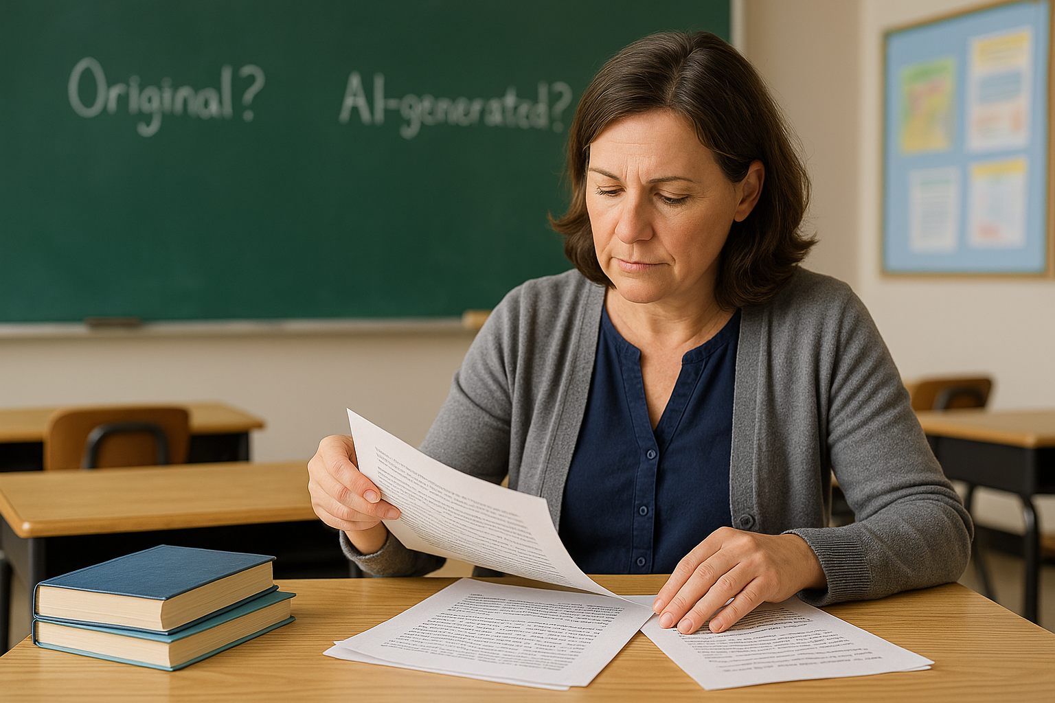 Teacher reviewing student papers to check if writing was generated by AI